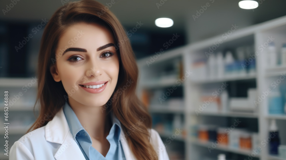 Beautiful female pharmacist in a pharmacy against the background of shelves with medicines.