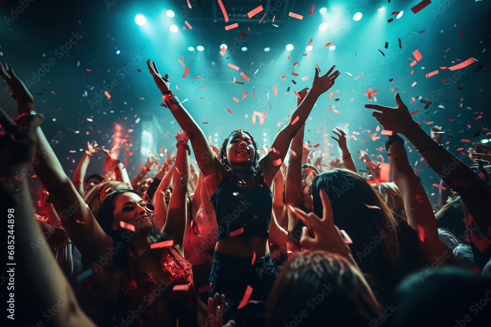 Nightclub party clubbers with hands in air and red confetti - obrazy, fototapety, plakaty 
