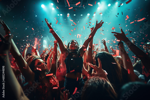 Nightclub party clubbers with hands in air and red confetti photo