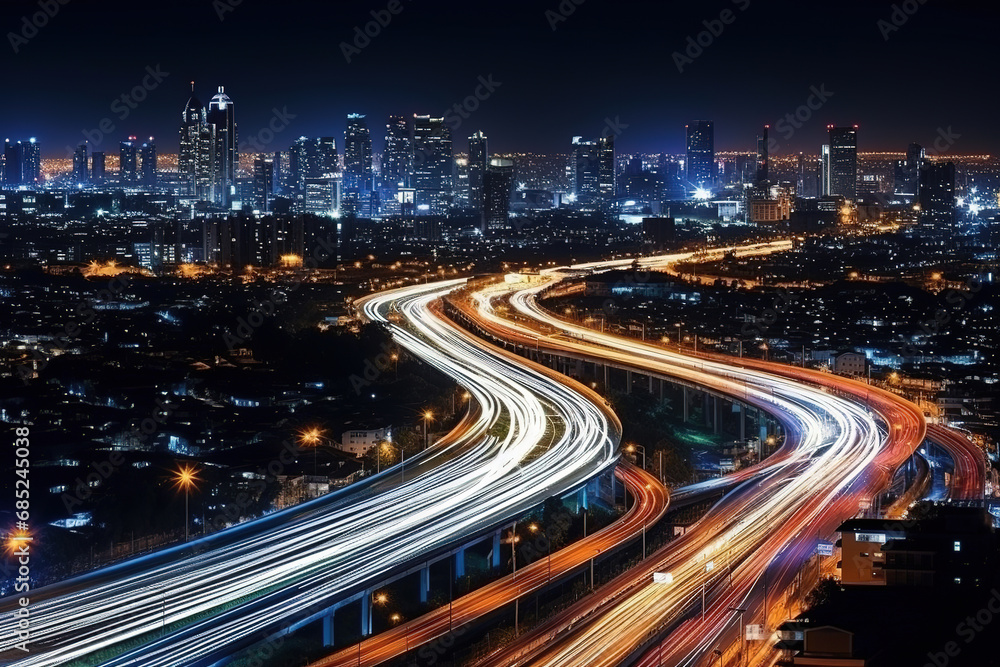 night of Expressway top view, Road and blurr traffic an important infrastructure in big city