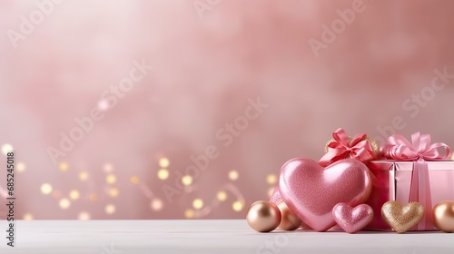 Gift box with ribbons and hearts on pastel background with blurry gold pink confetti  concept of birthday  valentine s day background. Congratulations on the holiday day