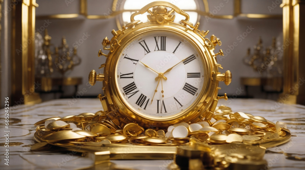 A large gold watch surrounded by gold. A large gold watch surrounded by gold.