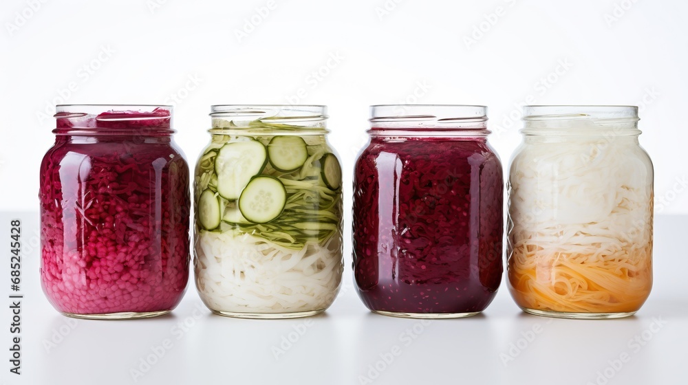 Assorted pickled or fermented vegetables in jars on white, sealed and stored Assorted pickled or fermented vegetables in jars on white, sealed and stored