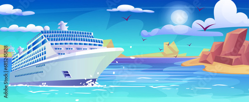 Summer cruise travel, sea ship liner, holiday vacation journey, tourist recreation, nautical voyage, cartoon sky, island coast, summertime luxury resort. Vector illustration
