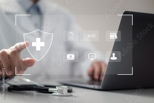 Medical technology network concept. Doctor using laptop with virtual medical network connection icons for connecting medical network technology. digital health care and medical technology.