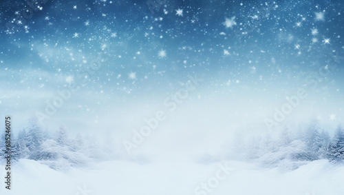 Snowy background. New Year's mood, christmas snowy background. Blue and white shimmer. Snowy hills and sky.