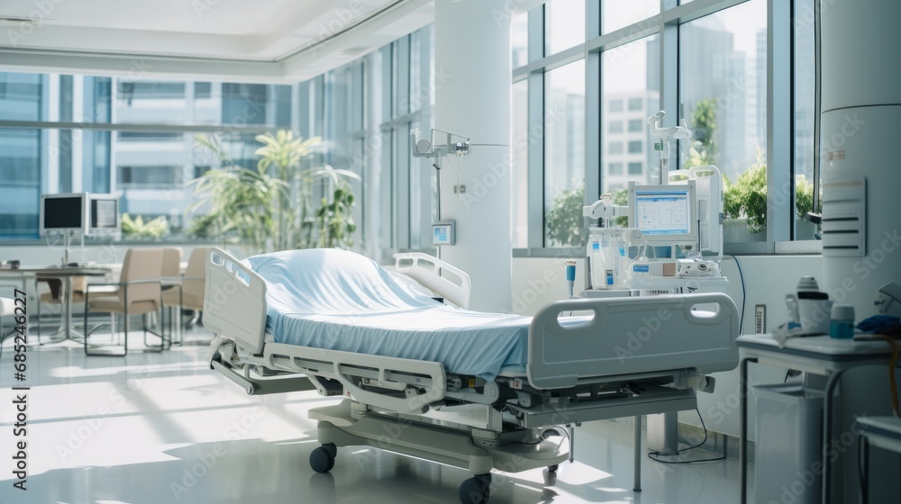 Interior of empty ward in modern hospital. Recovery room with bed and complex medical equipment. Clean and comfortable room with bed in a new medical center for treatment and examination of patients. Interior of empty ward in modern hospital. Recovery room with bed and complex medical equipment. Clean and comfortable room with bed in a new medical center for treatment and examination of patients.