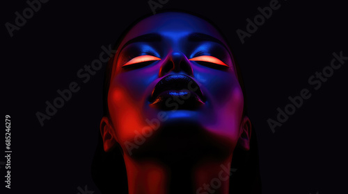 Portrait of a beautiful woman in neon purple lights