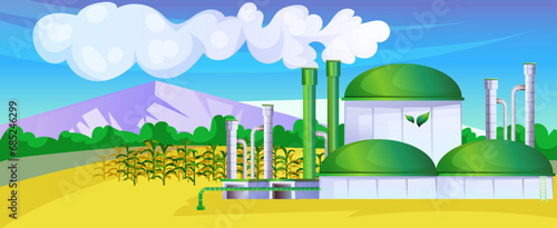 Biofuel station, renewable energy source, electricity and environment, gas fuel, power plant, biodiesel and biogas. Landscape with field, crops, agriculture. Industrial building. Vector illustration.