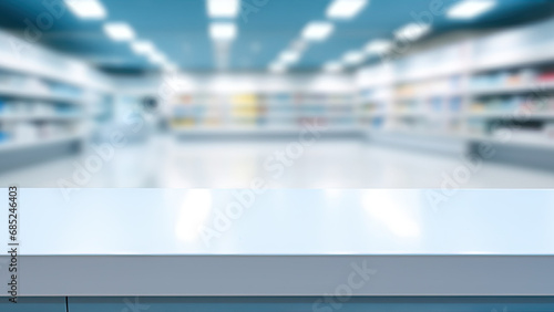 Leere Apotheken Theke mit Medikamenten in Regalen im verschwommenen Hintergrund