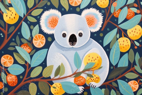 Children's Storybook Illustration of a Koala Bear with Flowers. Naive Art © JJAVA