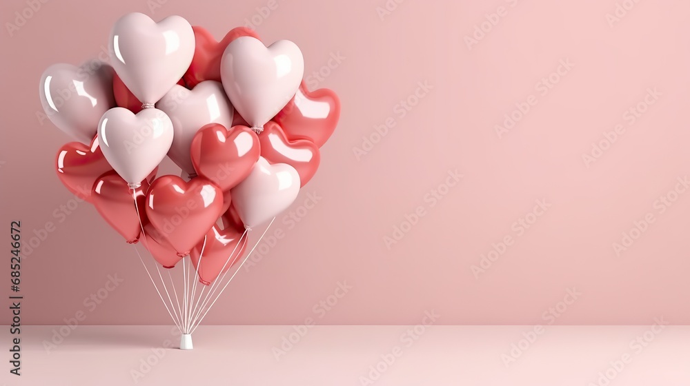 Pink heart shaped helium balloons on pink background. Foil air balloons on pastel pink background. Minimal love concept. Valentine's Day or wedding party decoration. Metallic balloon