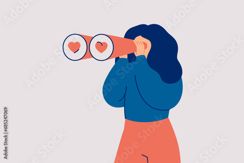 Woman looking for love and sympathy. Girl watching through binoculars with hearts. Girl finding partner, relationships, romance, crush. Vector illustration