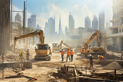 Laborers working on modern constriction site works. Fast urban development concept.