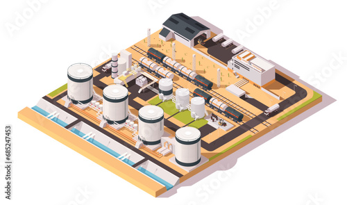 Industrial oil terminal. Railroad with wagon, railcar. Fuel storage, logistics transportation, petroleum shipping and delivery. Tower container. LNG business. Isometric vector illustration photo
