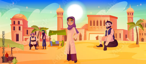 Arabian beautiful woman and man standing at cityscape architecture, cartoon buildings, muslim antique mosque, traditional town. Authentic middle east religion urban house. Vector illustration
