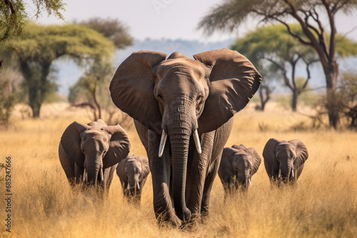Herd of Elephants in Africa walking through the grass in Tarangire National Park, Tanzania © arhendrix