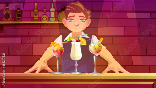 Brutal bartender holds out Pina colada, tequila sunrise, aperol sunrise standing near bar counter. Alcohol bar with wine bottles, man in formal suit presenting cocktail. Vector illustration