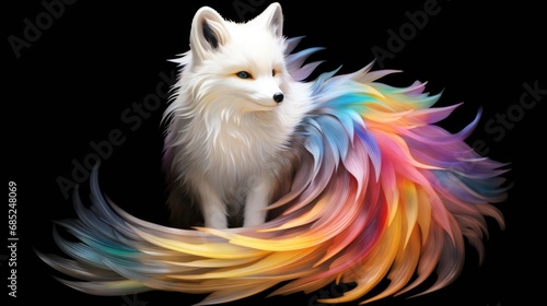 A white dog with a rainbow colored tail