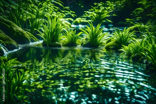 Beautiful spring detailed close up stream of fresh water with young green plants. Horizontal banner  springtime concept. Abstract outdoor wild nature background. AI generative image. 