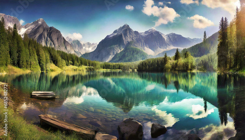 Beautiful mountain landscape with lake, forest 