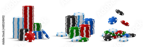Stack of vegas casino black, green, white and red poker chip, gambling addiction, huge jackpot, successful bet, lucky game. Concept of playing game via real cash. White background. Vector illustration