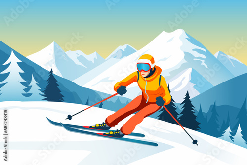 Skier in a ski suit skis against the backdrop of a beautiful mountain landscape. Snowy winter landscape. The concept of winter sports and active recreation.