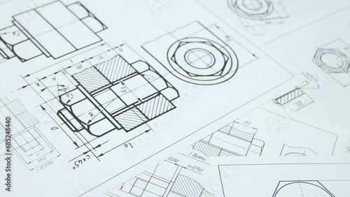 Science, technology and mechanical. Paper drawings of bolts and nuts. Scientific development.