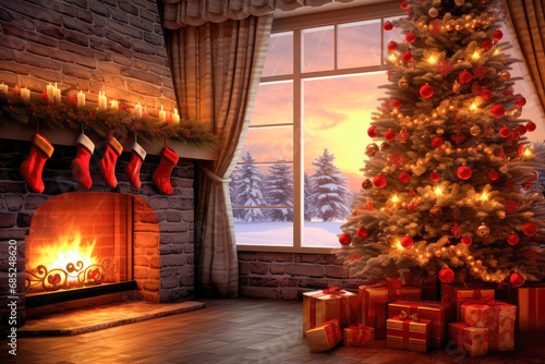 row of socks hanged above the fireplace and decorated fir tree with gifts waiting for santa claus in the christmas eve. AI generated photo