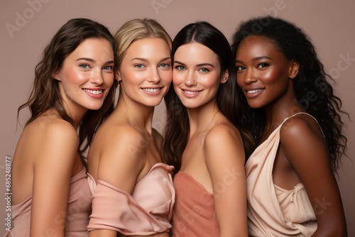 Close-up studio portrait of four cheerful young diverse multiethnic women. Female models smiling at camera while posing together. Diversity, beauty, friendship concept. Beige monochrome background.