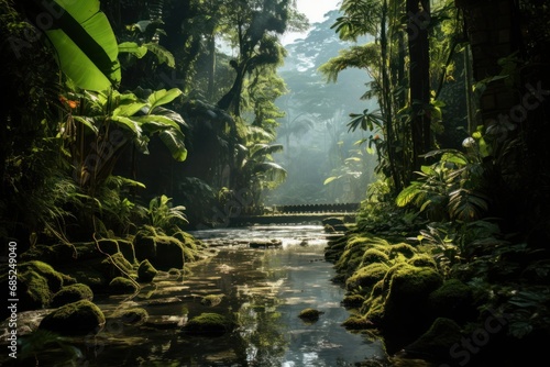 Serene Stream Flowing Through a Vibrant Lush Green Forest Landscape Generative AI