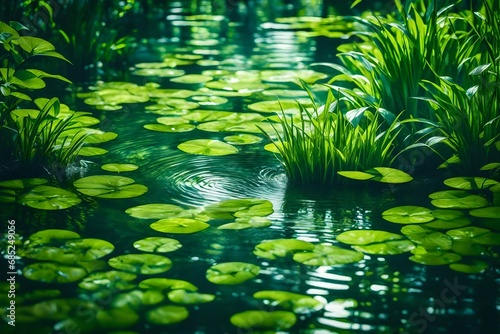 Beautiful spring detailed close up stream of fresh water with young green plants. Horizontal banner, springtime concept. Abstract outdoor wild nature background. AI generative image. 