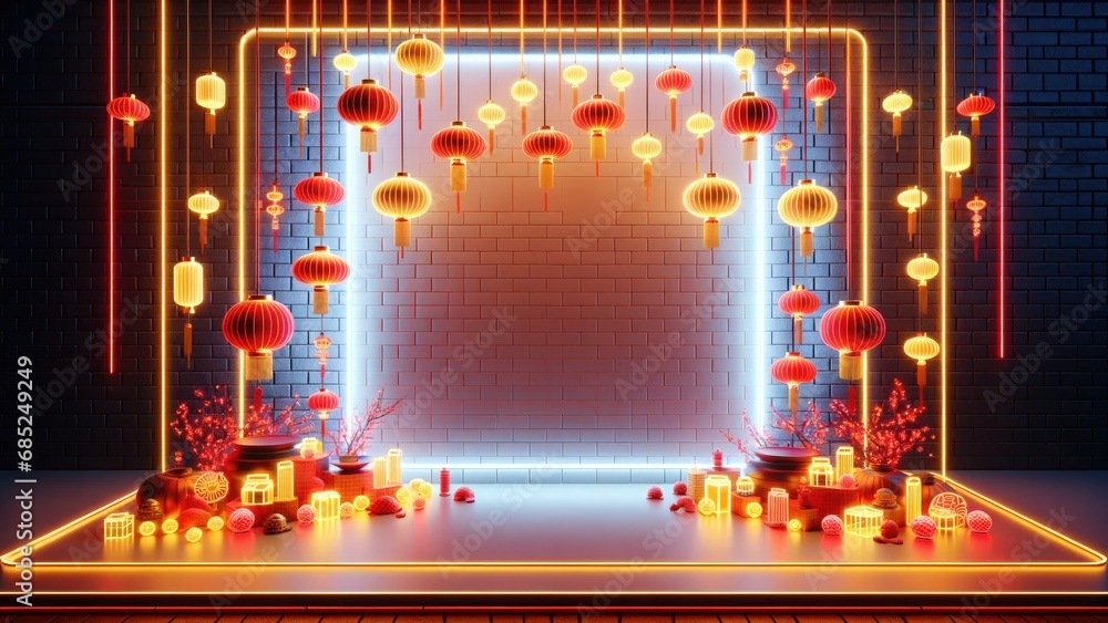 Chinese festival decoration background Brick wall with neon lights, Chinese decor theme Complete with hanging Chinese lanterns and festive decorations. Chinese festival decoration background Brick wall with neon lights, Chinese decor theme Complete with hanging Chinese lanterns and festive decorations.