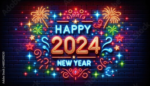 Happy New Year 2024 background, A brick wall with neon sign with fireworks Happy New Year 2024 on dark brick wall background.
