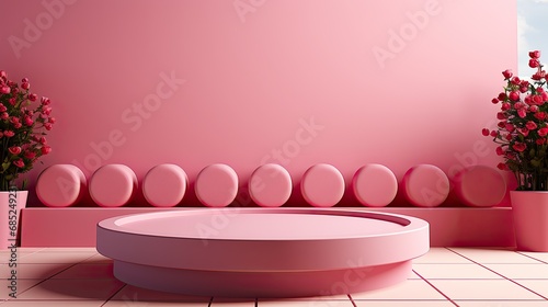 Pink podium, lentine's Day, Wedding, Anniversary. Podium for product, cosmetic presentation. Mock up. Pedestal or platform for beauty products. photo