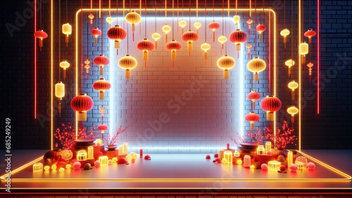 Chinese festival decoration background Brick wall with neon lights  Chinese decor theme Complete with hanging Chinese lanterns and festive decorations.