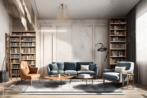 a beautifull and modern living room with a chairs and mini library in room beauty and modern 