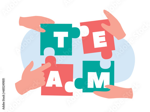 puzzle team. teamwork business help connecting concept, partnership cooperation elements. vector cartoon minimalistic concept.