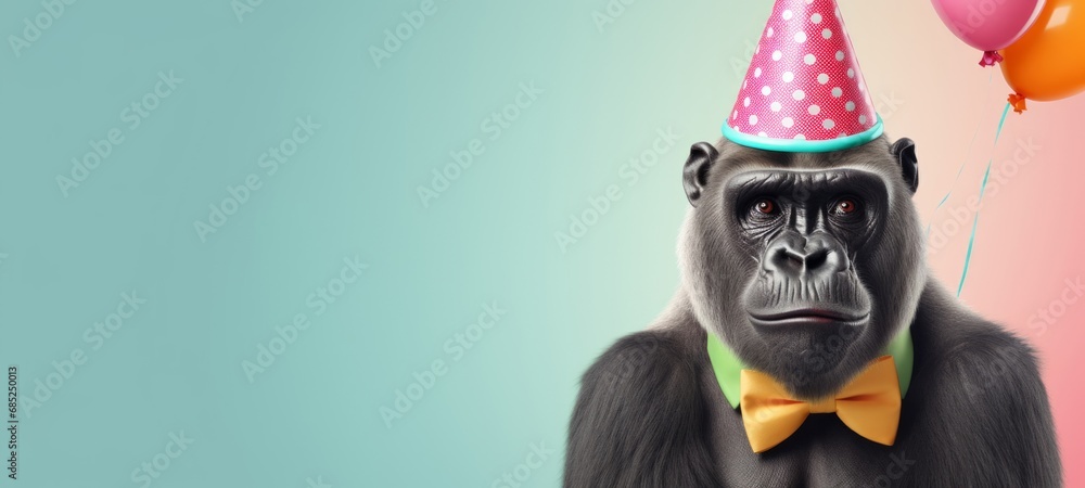 Celebration, happy birthday, Sylvester New Year's eve party, funny animal greeting card -Gorilla with party hat, bow tie and balloon, isolated on blue wall background