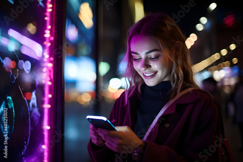 Woman using smartphone standing on the night town