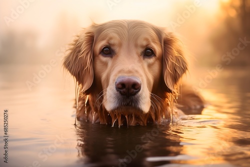 Sad and curious golden labrador retriever dog standing in water photo