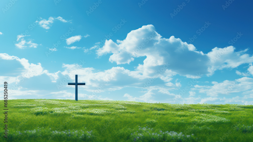Cross on the beautiful green hill with blue sky and white clouds as wallpaper background illustration Cross on the beautiful green hill with blue sky and white clouds as wallpaper background illustration