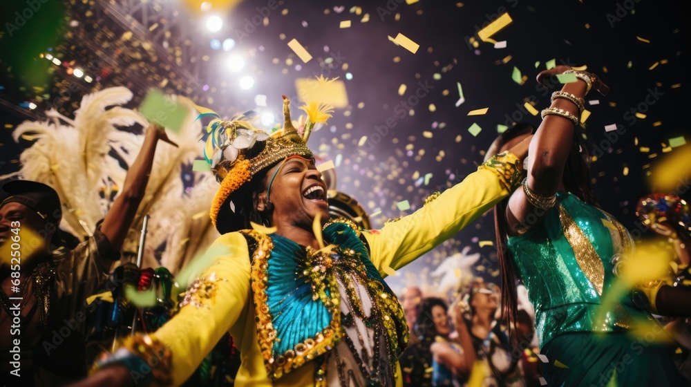 Obraz premium the carnival parade with people dressed in colorful costumes, confetti floating around 