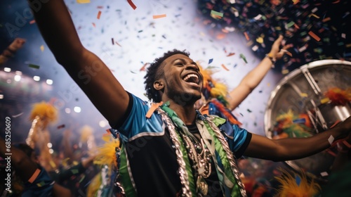 the carnival parade with people dressed in colorful costumes, confetti floating around
 photo