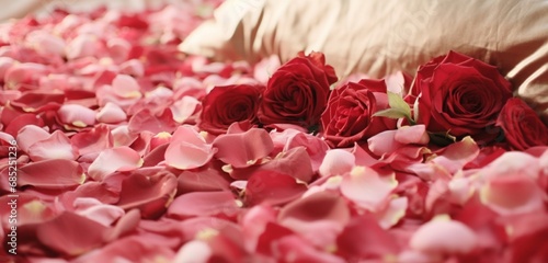 A detailed close-up shot, taken by the camera, highlights the intricate placement of rose petals on a bed, showcasing their meticulous arrangement.