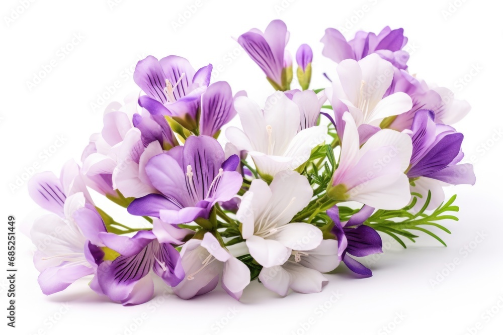 A bunch of purple and white flowers on a white surface A bunch of purple and white flowers on a white surface