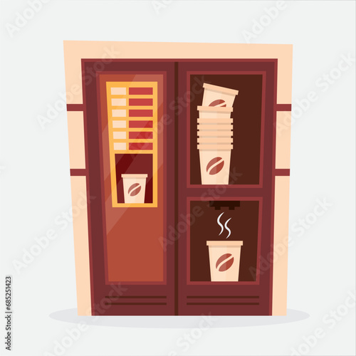 Vending machines. cartoon coffee tea hot drinks automats, selling vending equipment concept purchase assortment, cappuccino beverage hot packaging. vector cartoon minimalistic coffee vending.