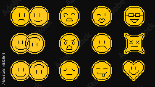 Pixel emoji smile pack. Various pixel art smiles with laugh or love emotions, combined faces, message chat emoticons and expression smiles, vector stickers. 8bit acid style pixelated emoji face.