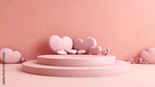Valentine pink background pedestal podium with floating overlap hearts shape. Pastel wall minimal scene mockup product display. Abstract geometric platforms.