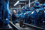 A worker at a water supply station inspects water pump valves equipment in a substation for the distribution of clean water at a large industrial estate. Water pipes. Industrial plumbing.